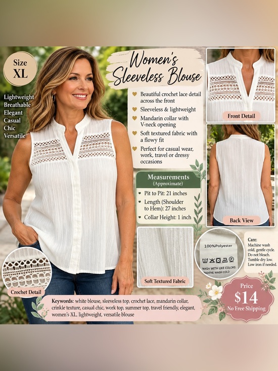 No brand Tops - Sleeveless White Crochet-Yoke Pleated Blouse - Classic Summer Top